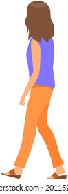 Woman walking and looking at something behind her. Back view of girl vector illustration isolated on white background. Female character with long dark hair, dressed in pants and blue shirt during walk