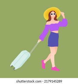 Woman walking with luggage isolated on background illustration vector.