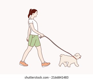 woman walking a maltese poodle dog. Hand drawn style vector design illustrations.