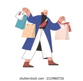 Woman walking with many shopping bags. Fashion buyer with lot of purchases in hands. Female shopper after sale. Customer going, holding packs. Flat vector illustration isolated on white background