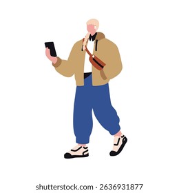 Woman walking with mobile phone in hand. Young female, girl holding smartphone, reading and surfing online while going outdoors on street. Flat vector illustration isolated on white background