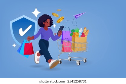 Woman walking near big mobile phone. Internet digital store scene with people on shopping. E-commerce advertising illustration. fast online delivery service. marketing and digital marketing. vector