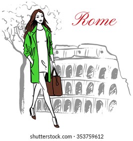 Woman walking near Colosseum in Rome, Italy. Artistic hand drawn ink sketch