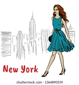 Woman walking in New York, USA. Fashion illustration