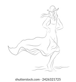 a woman is walking on the beach, while enjoying the beauty of the sea and the breeze against a white background