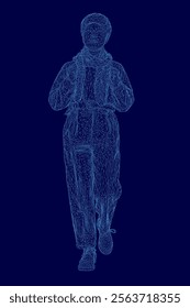 Woman is walking on a blue background.