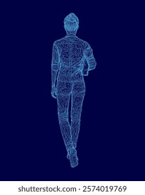 Woman is walking on a blue background. The image is in a 3D format. The woman is wearing a blue dress and has her hands in her pockets