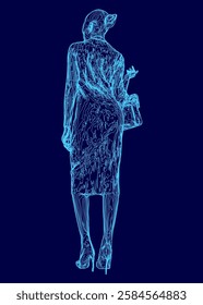 A woman is walking on a blue background with a purse in her hand. The image has a futuristic feel to it, with the woman's dress and the way she is holding her purse giving it a modern and stylish vibe