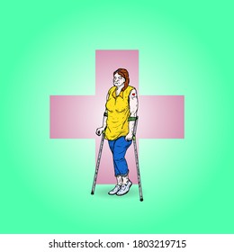 A woman walking on crutches against a cross symbol for the concept of hospitalization services. Vector illustration.