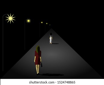 
A woman walking on a dark street There was a white ghost standing on the street in front with black background