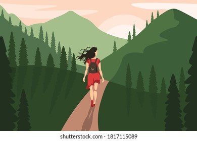 Woman walking on forest road illustration. Female character in red dress and with backpack travels through green mountainous area difficult path through life vector circumstances.