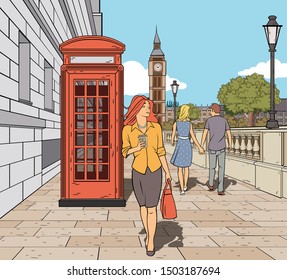 Woman walking on London street. London's red telephone booth in font of the Big Ben.