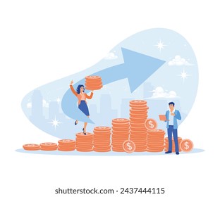 A woman is walking on a pile of coins while holding coins. Man analyzing finances with a laptop. Investment concept. Flat vector illustration.