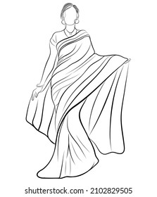 Woman Walking On Ramp, Vector Line Drawn Lady, Indian Saree Fashion Show Illustration