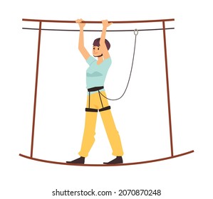 Woman walking on rope bridge of zipline road attraction, flat vector illustration. Rope adventure park attraction in amusement park and extreme sport activity.