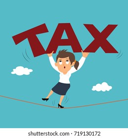 Woman walking on rope with lifts tax sign, illustration vector cartoon