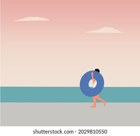 Woman walking on seashore, holding rubber ring. Summer vacation concept. Vector illustration of characters in flat design