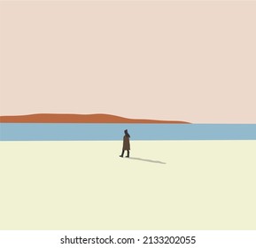 Woman walking on the shore of the cold winter beach. People resting in nature on adventure holidays vector illustration