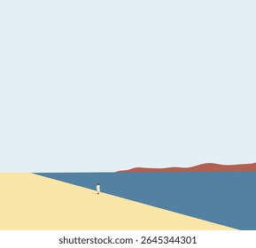 Woman walking on sidewalk near seashore with summer breeze. Nature landscape background. Modern minimal art.