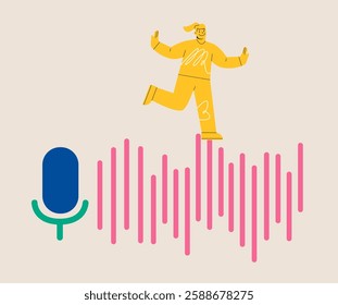 Woman walking on sound wave from microphone. Colorful vector illustration 

