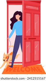 Woman walking out the door with her energetic dog. Female pet owner takes her lively puppy for a walk. Dog walking service vector illustration.