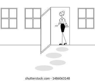 Woman walking out of her home to working office