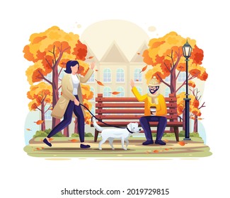 Woman walking in the park in autumn with her dog and greeting a friend man sitting on a bench. Flat vector illustration