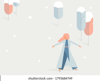 Woman walking in park while snowfall. Winter vector illustration. Web background, poster, advertisement, place for text, website banner.
