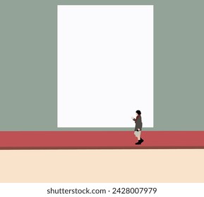 Woman walking pass blank white board for advertisement or branding campaign on city street. Buildings exterior brick wall.