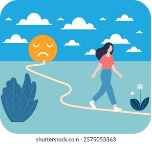 Woman walking a path towards happiness, leaving sadness behind.  Mental health, anxiety, depression, and stress management concept.
