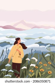 Woman walking in peaceful nature alone. Happy person enjoying outdoor landscape. Adventure and rest in flower meadow in fog. Morning travel in peace and solitude. Colored flat vector illustration