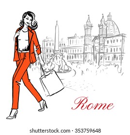 Woman walking in Piazza Navona in Rome, Italy. Artistic hand drawn ink sketch