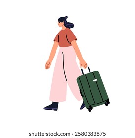 Woman walking, pulling wheeled suitcase. Sad tourist leaving, departing with baggage, spinner travel bag. Girl passenger, departure with luggage. Flat vector illustration isolated on white background