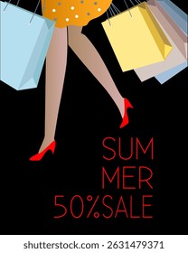 A woman walking with purchases from a store. Women's legs and shopping bags. Summer sale. Sale advertisement. Vector bunner illustration. 