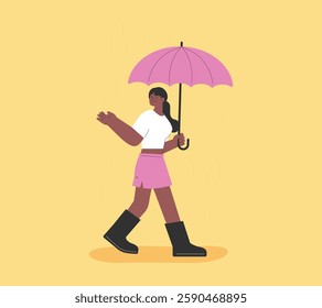 Woman Walking in the Rain. Flat illustration. A woman walking with an umbrella. Rainy day.