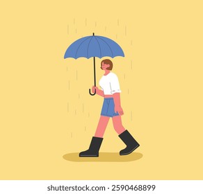 Woman Walking in the Rain. Flat illustration. A woman walking with an umbrella. Rainy day.