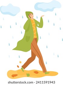 Woman walking in rain with green raincoat, hand out to catch raindrops, joyful expression. Enjoying autumn rain, positive vibes in rainy weather vector illustration.