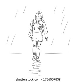 Woman walking in rain in jacket with hood and with small backpack, Back view. Hand drawn linear illustration, vector sketch