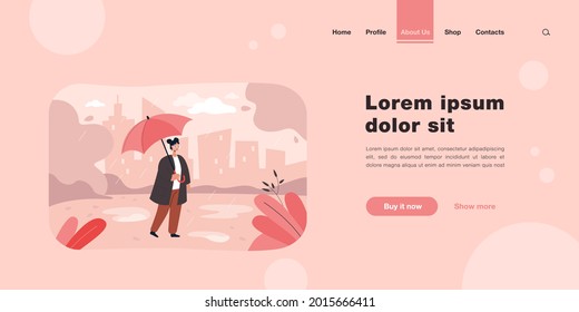 Woman walking in rain with umbrella flat vector illustration. Girl enjoying autumn season and rainy weather in city. Autumn, weather, leisure concept for banner design or landing page