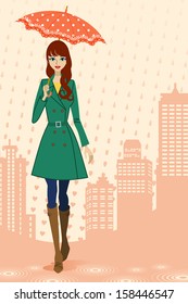 Woman walking in rainy city, Front view