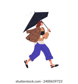 Woman walking in rainy weather. Business female character going, hurrying under umbrella. Person holding angled parasol in hand. Flat graphic vector illustration isolated on white background