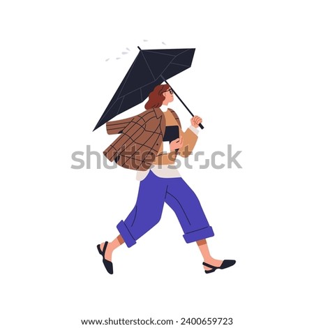 Woman walking in rainy weather. Business female character going, hurrying under umbrella. Person holding angled parasol in hand. Flat graphic vector illustration isolated on white background