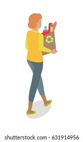 Woman walking with recyclable paper bag full of food vector illustration. Shopping daily products isometric concept isolated on white. Female character template make purchases in grocery store icon