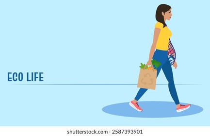 Woman walking with reusable bags, promoting sustainability and eco-friendly choices. Emphasizing the importance of reducing plastic waste