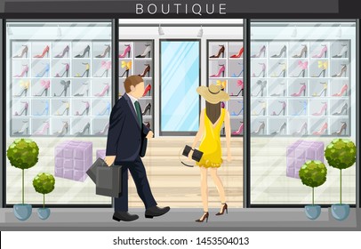 Woman walking in a shoes boutique store Vector flat style illustration