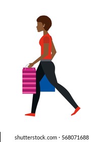 woman walking with shopping bags over white background. colorful design. vector illustration