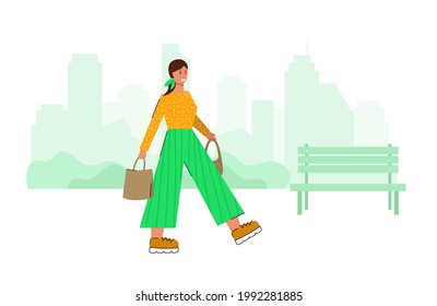 Woman is walking with shopping bags. Woman walk along the street. Eco shopping bags. Vector illustration 