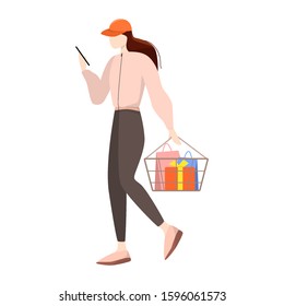 Woman walking with shopping basket in supermarket. Character bying food in the store. Isolated flat vector illustration