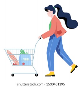 Woman walking with shopping cart in supermarket. Character bying food in the store. Isolated flat vector illustration