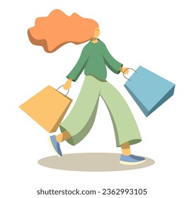 Woman walking shopping. Character flat design.